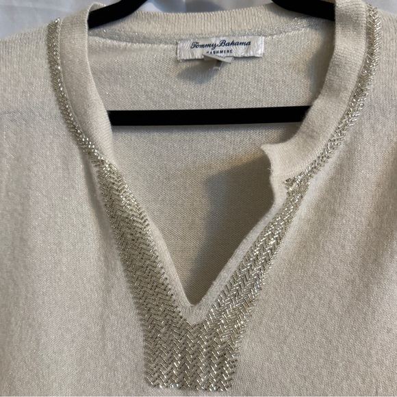 Tommy Bahama Cashmere Beaded V Neck Sweater L Cream - Picture 4 of 13